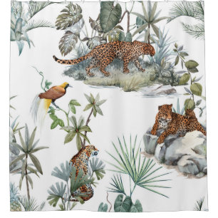 Cortina De Ducha Escena tropical de color de agua de leopardo de la