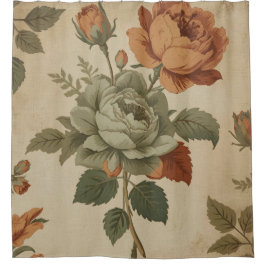 Cortina De Ducha Estampa floral vintage en naranja quemada y verde 