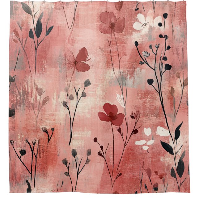 Cortina De Ducha Estampado de lino floral rosa rústico (9) (Anverso)