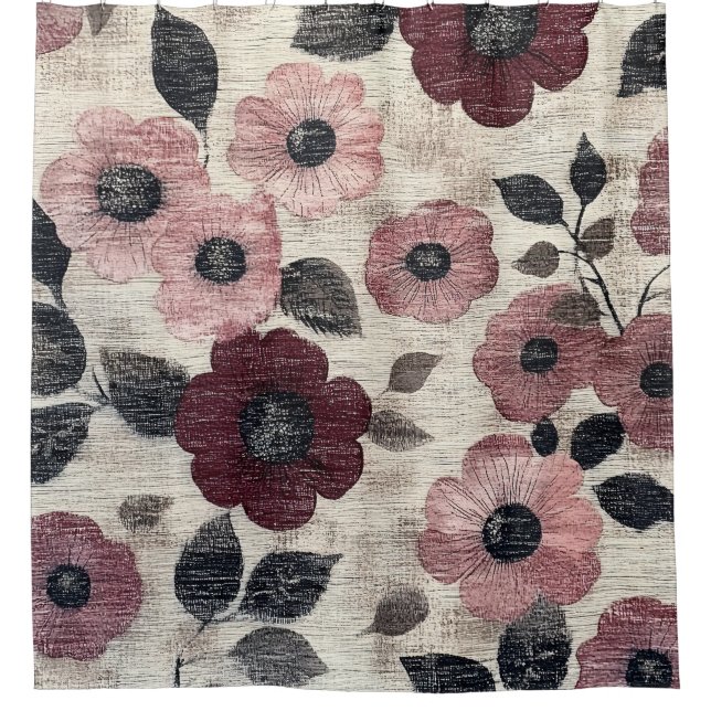 Cortina De Ducha Estampado de lino floral rústico rosado (7) (Anverso)