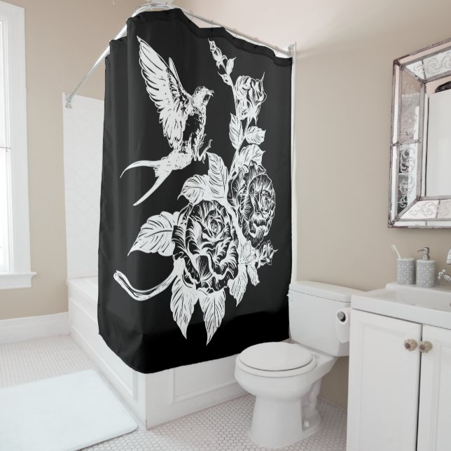 Cortina De Ducha Estilo de tatuaje de pájaro y rosa (In situ)