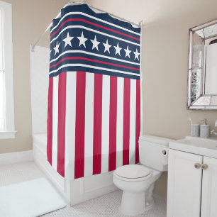 Cortina De Ducha Estrellas modernas en rayas rojo blanco y azul