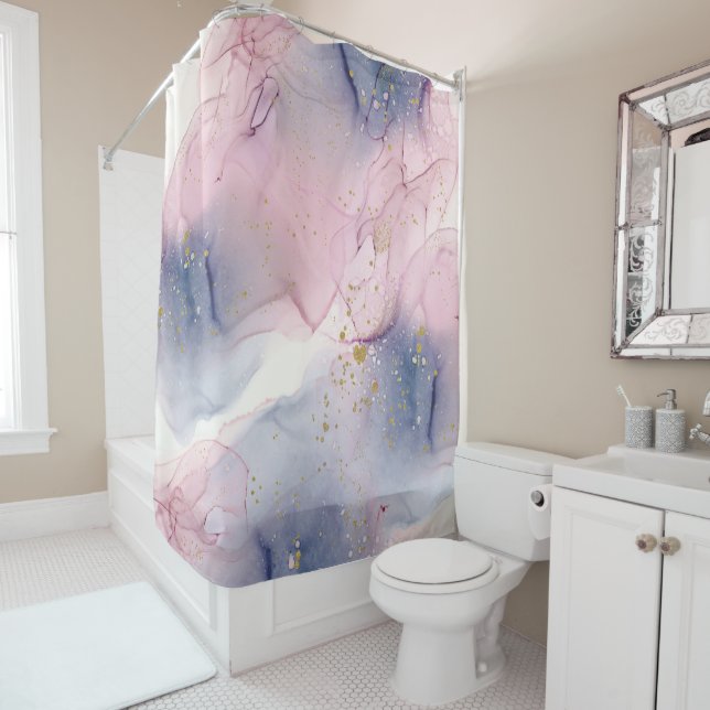 Cortina De Ducha Ethereal Periwinkle Pink & Gold Inky Fantasy Glam (In situ)