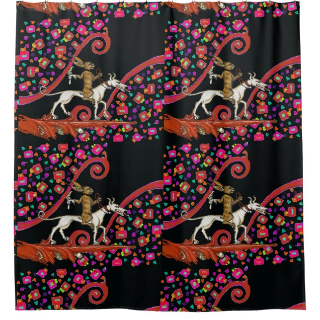 Cortina De Ducha EXTRAÑO conejo BESTIARIO MEDIEVAL montando un perr (Anverso)