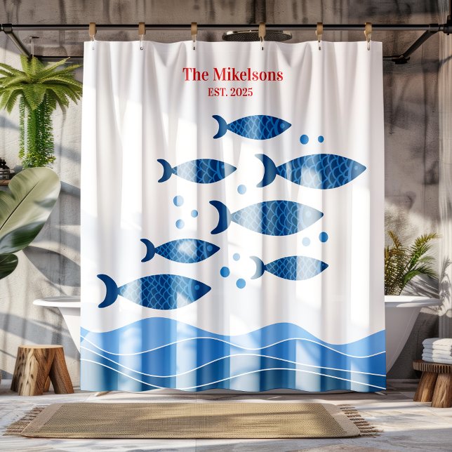 Cortina De Ducha Familia personalizada Pescado costero azul moderno (Subido por el creador)