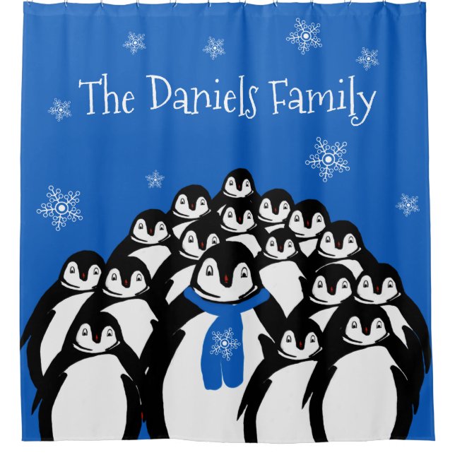 Cortina De Ducha Familia Pingüino Personalizada (Anverso)