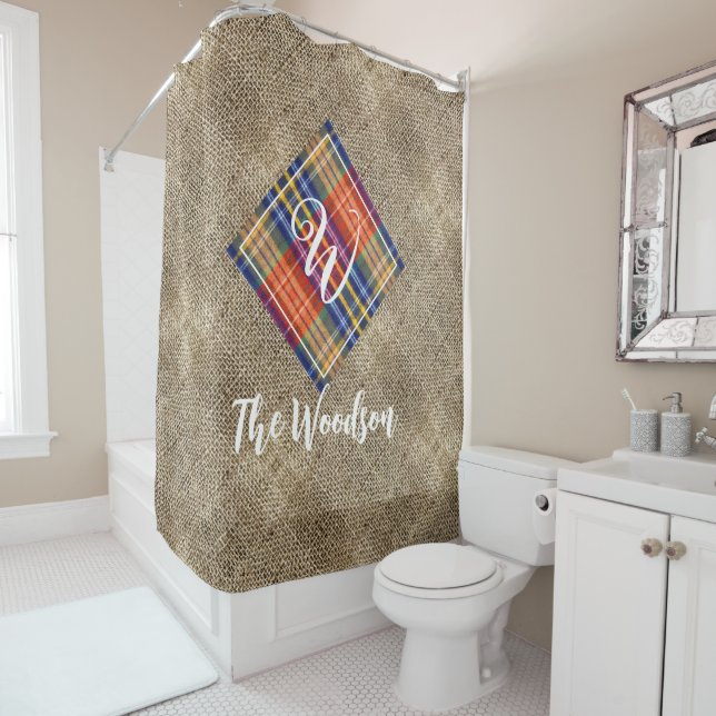 Cortina De Ducha Familia Rústica inicial y nombre, Burlap monograma (In situ)