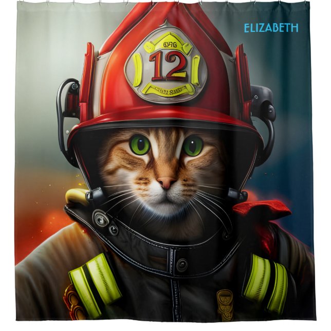 Cortina De Ducha Fantasía Cute Piel De Bomberos De Gatos. (Anverso)