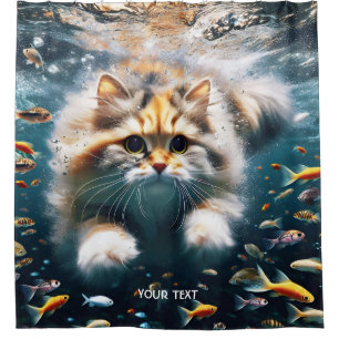 Cortina De Ducha Fantasía Gato Cuto Nadando Subacuático