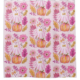 Cortina De Ducha Fantasma de Halloween de color rosa pastel con flo