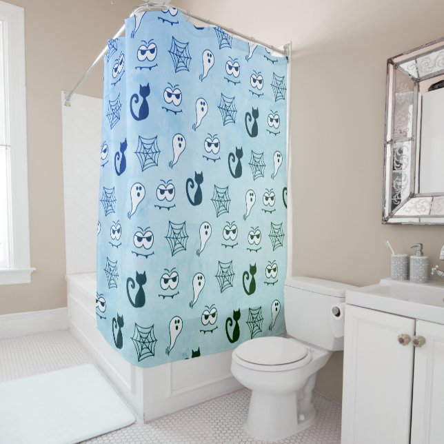 Cortina De Ducha Fantasma, telarañas y gatos negros azul (In situ)