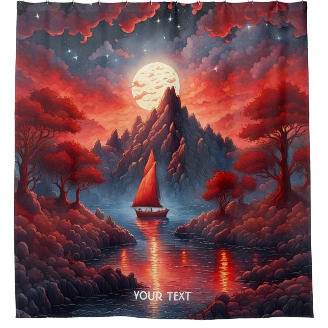 Cortina De Ducha Fantasy Cute Vivid Bote Rojo Paisaje (Anverso)