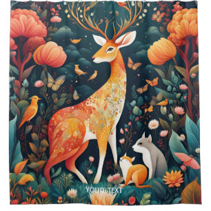 Cortina De Ducha Fantasy Cute Vivid Flowers Forest Deer