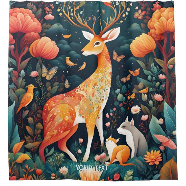 Cortina De Ducha Fantasy Cute Vivid Flowers Forest Deer (Anverso)