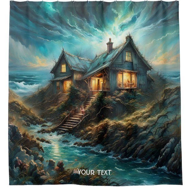 Cortina De Ducha Fantasy Cute Vivid House Storm Ocean (Anverso)