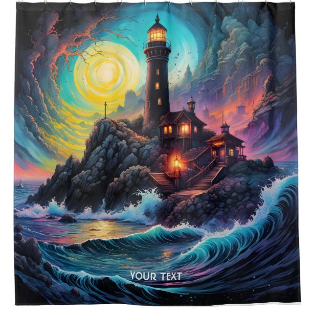 Cortina De Ducha Fantasy Cute Vivid Lighthouse Sea Night (Anverso)