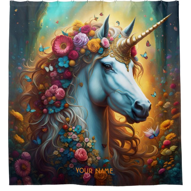 Cortina De Ducha Fantasy Cute Vivid Majestic Flores Unicornio (Anverso)