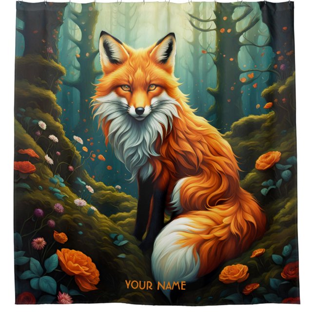 Cortina De Ducha Fantasy Cute Vivid Majestic Fox Flores (Anverso)