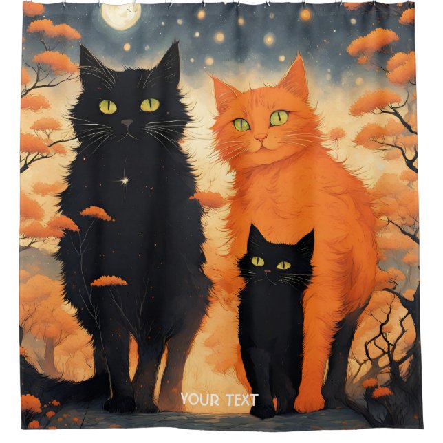 Cortina De Ducha Fantasy Cute Vivit Naranja Gatos Negros (Anverso)