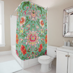 Cortina De Ducha Fantasy Floral Oriental Chinoiserie en verde