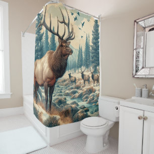 Cortina De Ducha Fauna Vintage / Manada de Alces Acuarela
