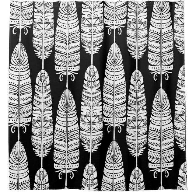 Cortina De Ducha Feathers boho: patrón blanco y negro (Anverso)
