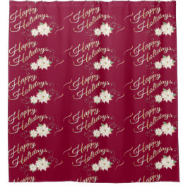 Cortina De Ducha Felices vacaciones White Poinsettia Dark Red
