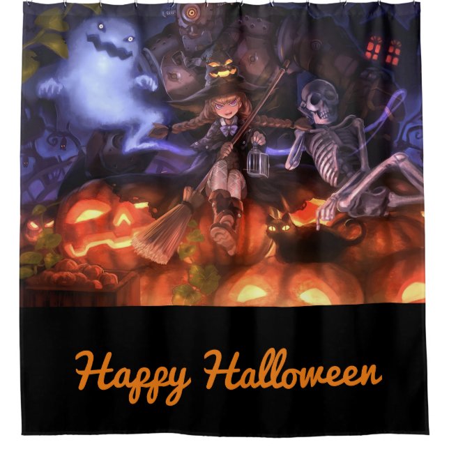 Cortina De Ducha Feliz Bruja de Halloween y amigos (Anverso)
