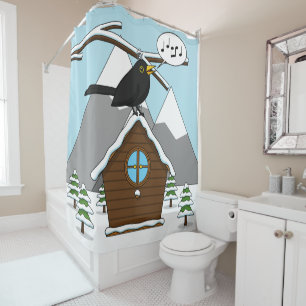 Cortina De Ducha Feliz Canto de Blackbird en el paisaje invernal