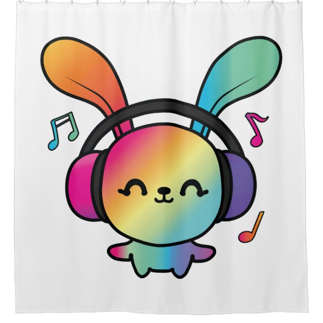 Cortina De Ducha Feliz Conejo con auriculares escuchando música. (Anverso)