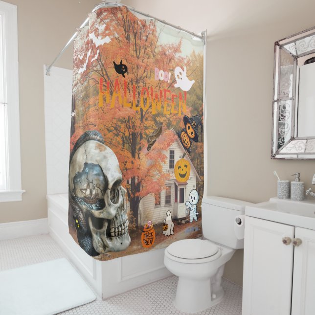 Cortina De Ducha Feliz cráneo de otoño de Halloween con barco (In situ)