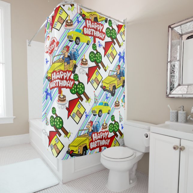 Cortina de ducha Feliz cumpleaños niños autos perr (In situ)