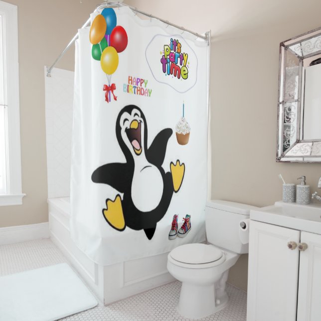 Cortina de ducha Feliz cumpleaños pingüino (In situ)