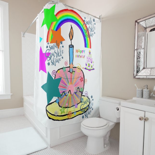 Cortina de ducha Feliz cumpleaños Rainbow (In situ)