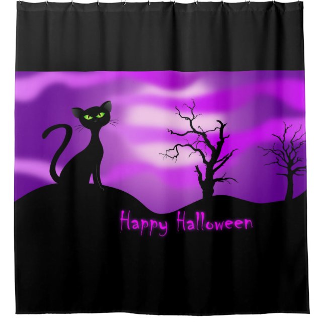 Cortina De Ducha Feliz Halloween Black Cat Purple (Anverso)