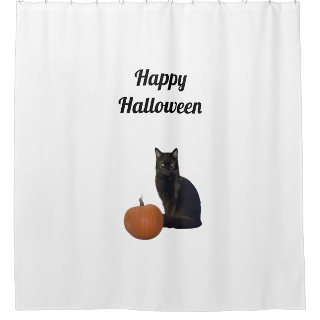Cortina De Ducha Feliz Halloween Negro Cat Naranja Calabaza Blanco (Anverso)