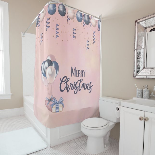 Cortina De Ducha Feliz mensaje navideño baubles, regalos y globos (In situ)