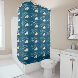 Cortina De Ducha Feliz Navidad White Poinsettia Dark Blue