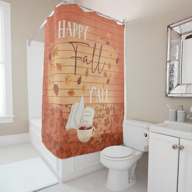 Cortina De Ducha Feliz otoño con café y hojas de otoño (In situ)