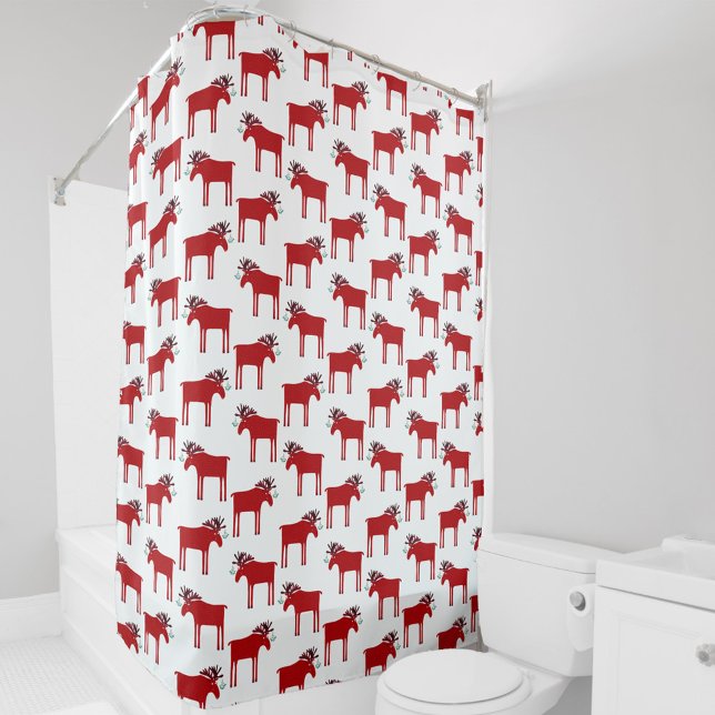Cortina De Ducha Festividad divertida Moose en rojo y blanco (Fun red and white festive moose or elk with mistletoe pattern shower curtain)