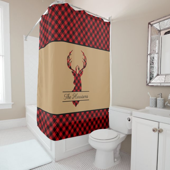 Cortina De Ducha Festividad granjero Buffalo Plaid Deer Personaliza (In situ)