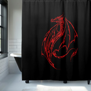 Cortina De Ducha Fiero Dragón Tribal Rojo Silueta Fantasía