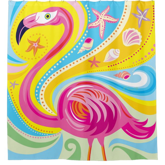 Cortina De Ducha Flamenco Rosa con Estrella de Mar (Anverso)