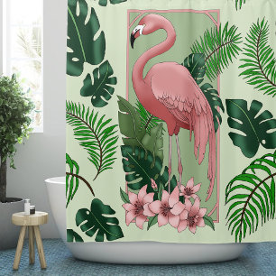 Cortina De Ducha Flamenco Rosa Tropical Hojas de Palma Verde Lirios