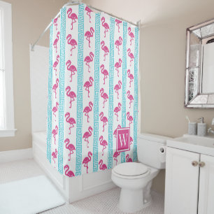 Cortina De Ducha Flamenco Tropical - Llave Griega Rosa Fucsia y Tur