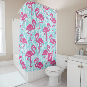 Cortina De Ducha Flamenco Tropical - Llave Griega Turquesa y Rosa F
