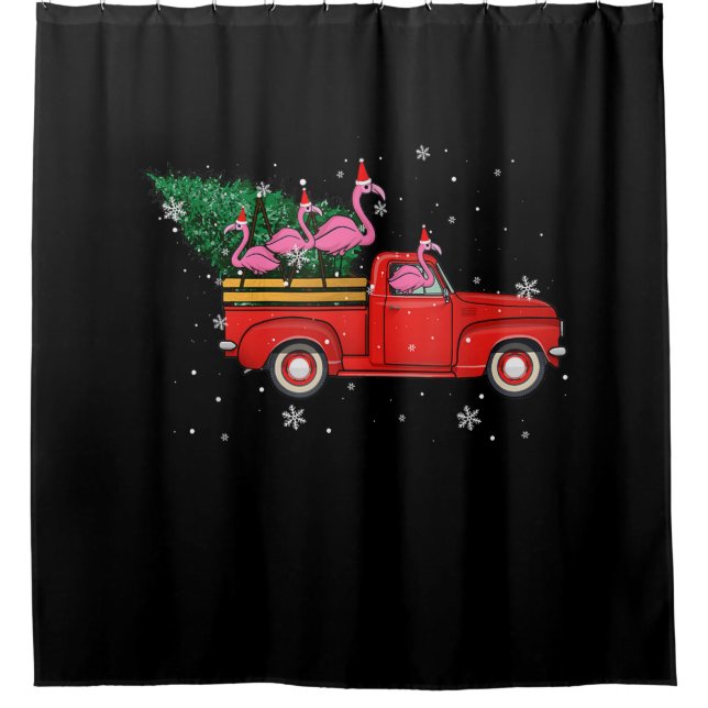 Cortina De Ducha Flamingo Riding Red Truck Xmas Santa Hat Navidades (Anverso)