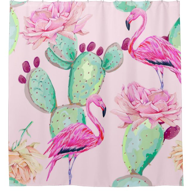 Cortina De Ducha Flamingo rosa, pájaros exóticos, flores suaves, ro (Anverso)