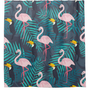 Cortina De Ducha Flamingo, toucano: patrón de hojas tropicales