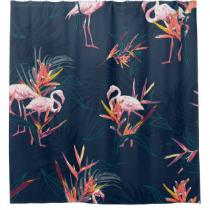 Cortina De Ducha Flamingo tropical hawaiano con ave de paraíso flot